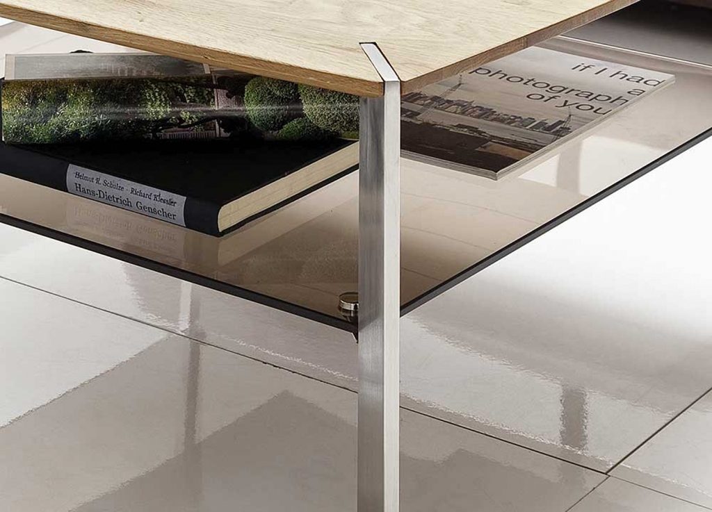 Table basse contemporaine bois verre et acier