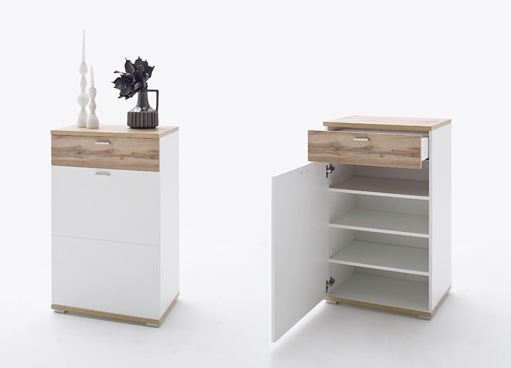 Meuble d'entrée vestiaire blanc et bois design