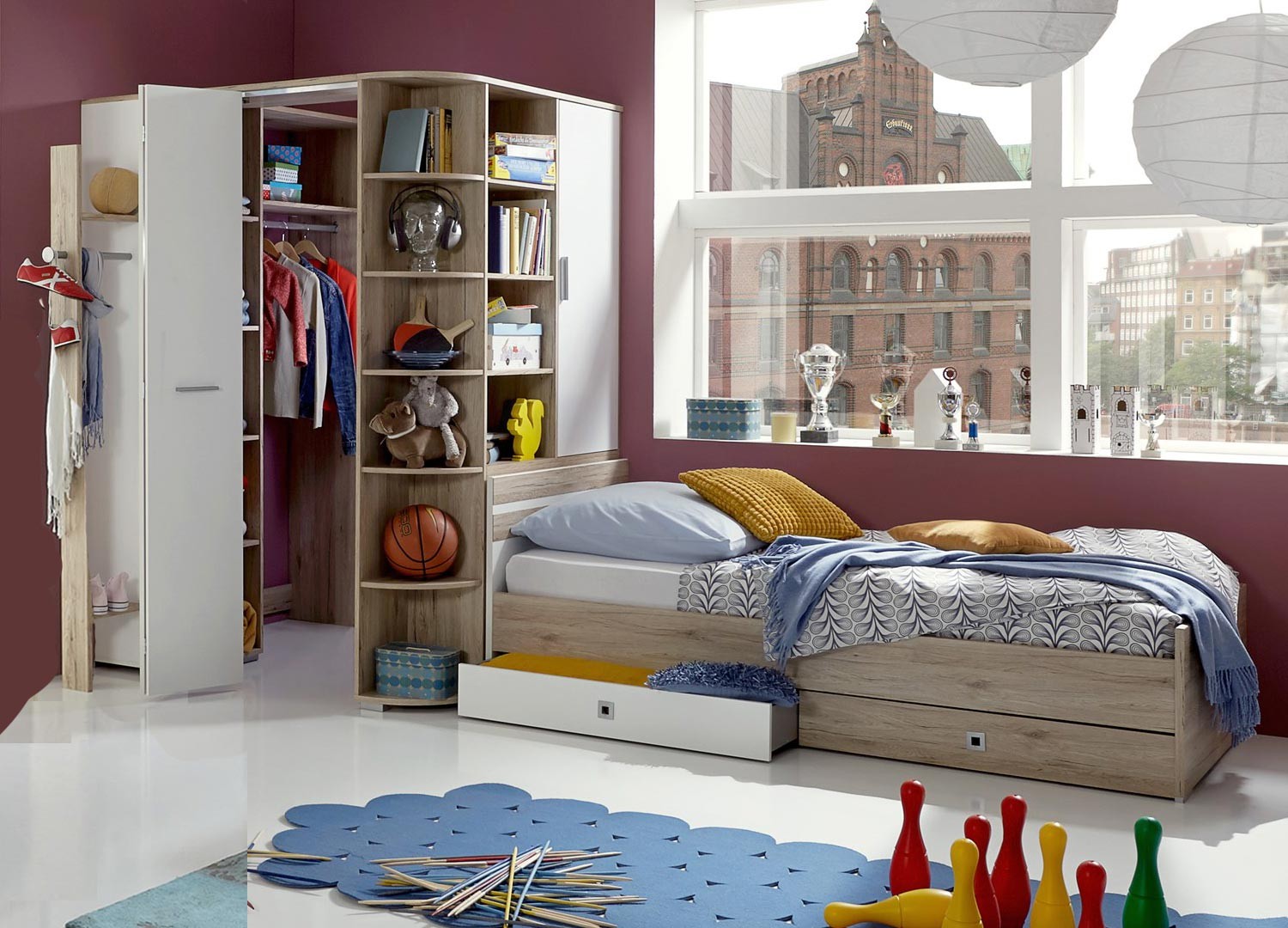 Chambre d'enfant blanche et décor chêne avec lit et armoire