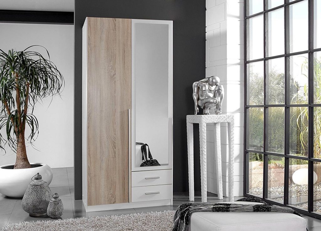 Armoire vestiaire pas cher avec miroir blanche et chêne