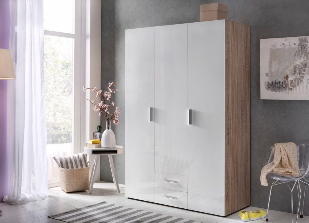 Armoire penderie blanc brillant et bois
