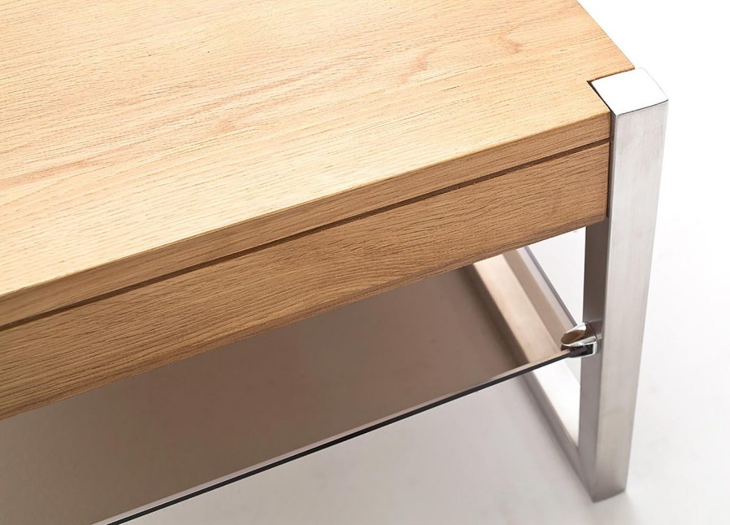 Table basse carrée bois, verre et métal chromé