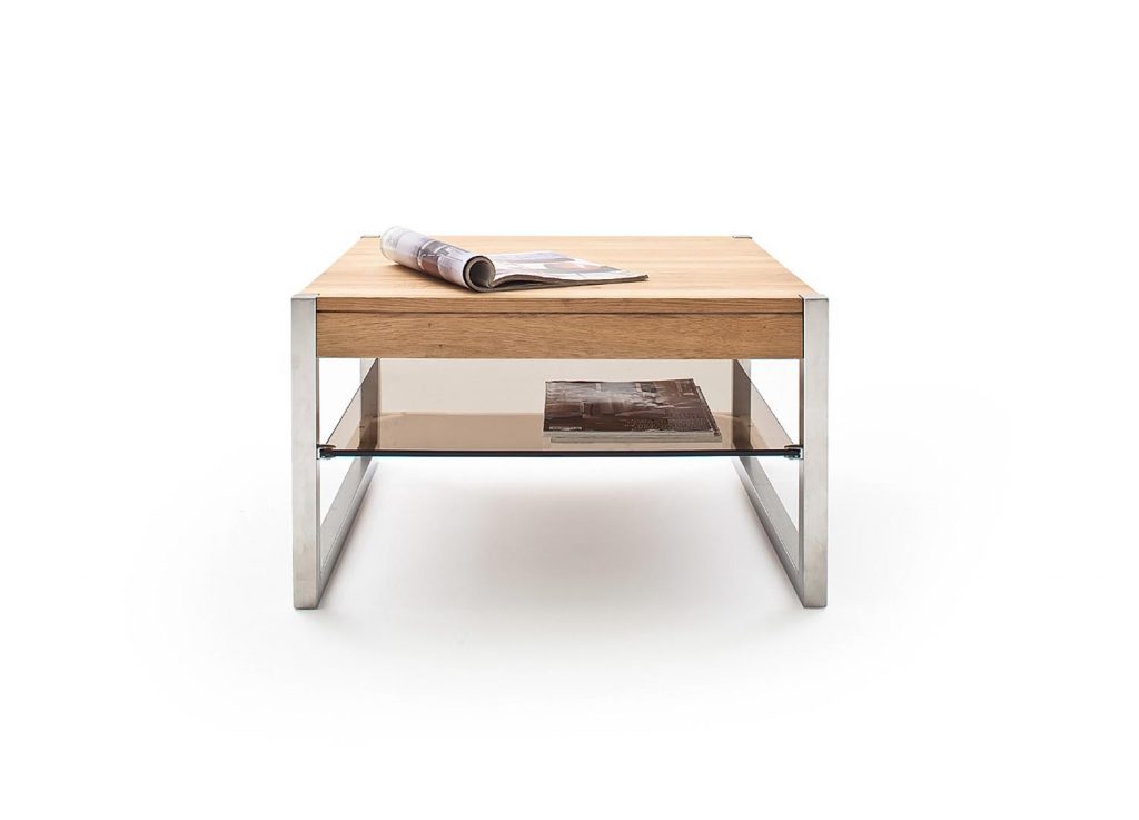Table basse carrée bois, verre et métal chromé