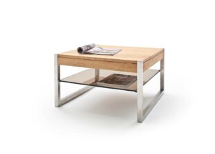 Table basse carrée bois, verre et métal chromé