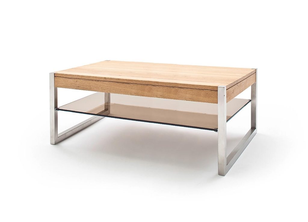 Table basse rectangulaire en bois, verre et métal