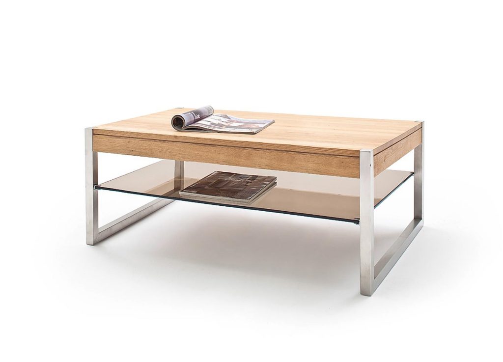 Table basse rectangulaire en bois, verre et métal