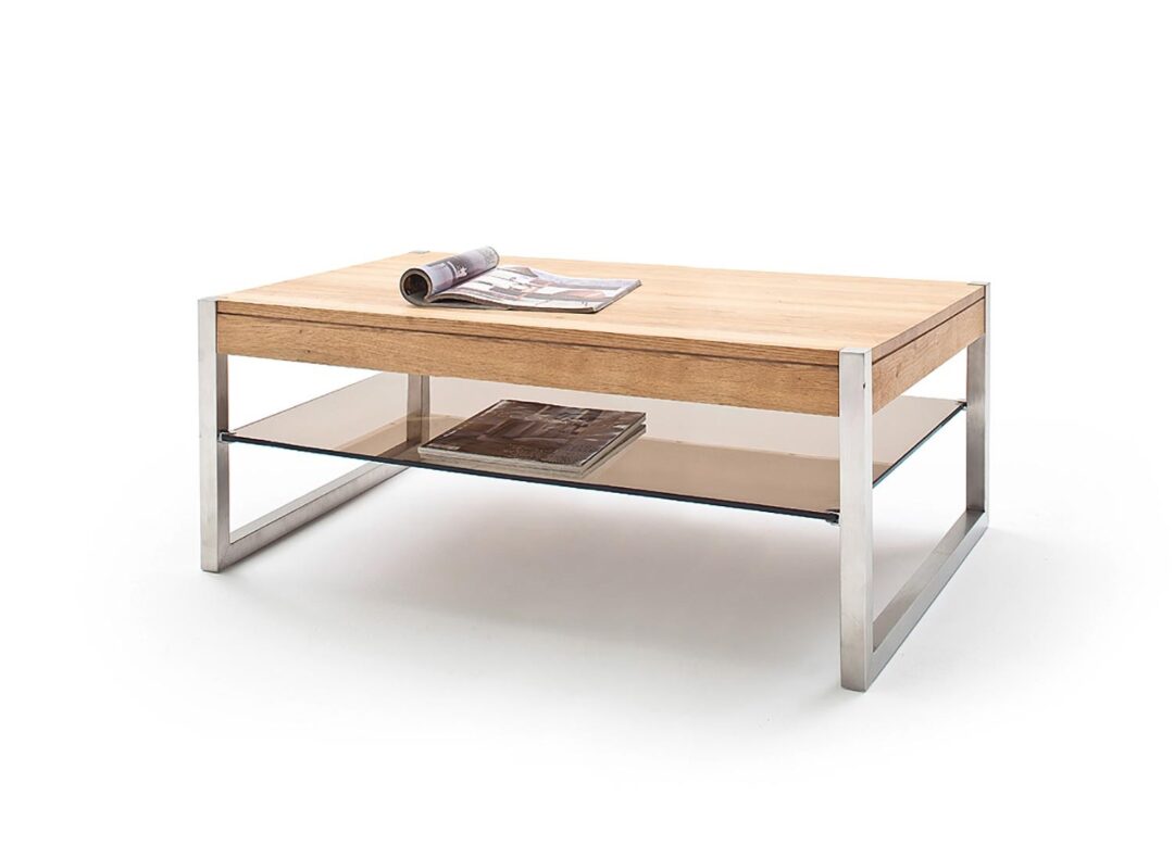 Table basse rectangulaire en bois, verre et métal