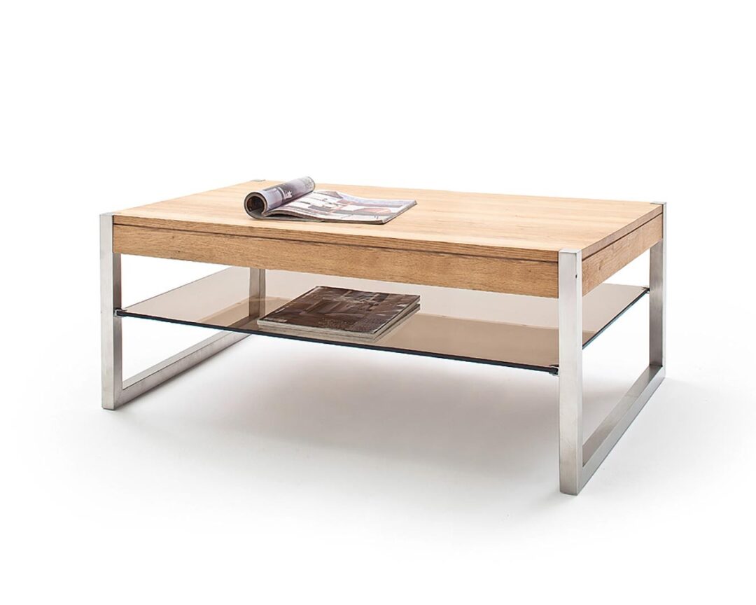 Table basse avec plateaux en verre et bois de chêne massif