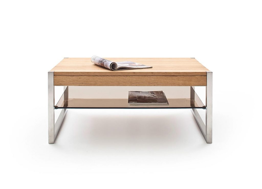 Table basse rectangulaire en bois, verre et métal