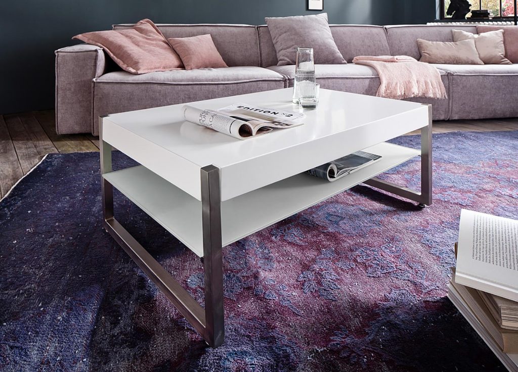 Table basse rectangulaire laqué blanc et acier brossé