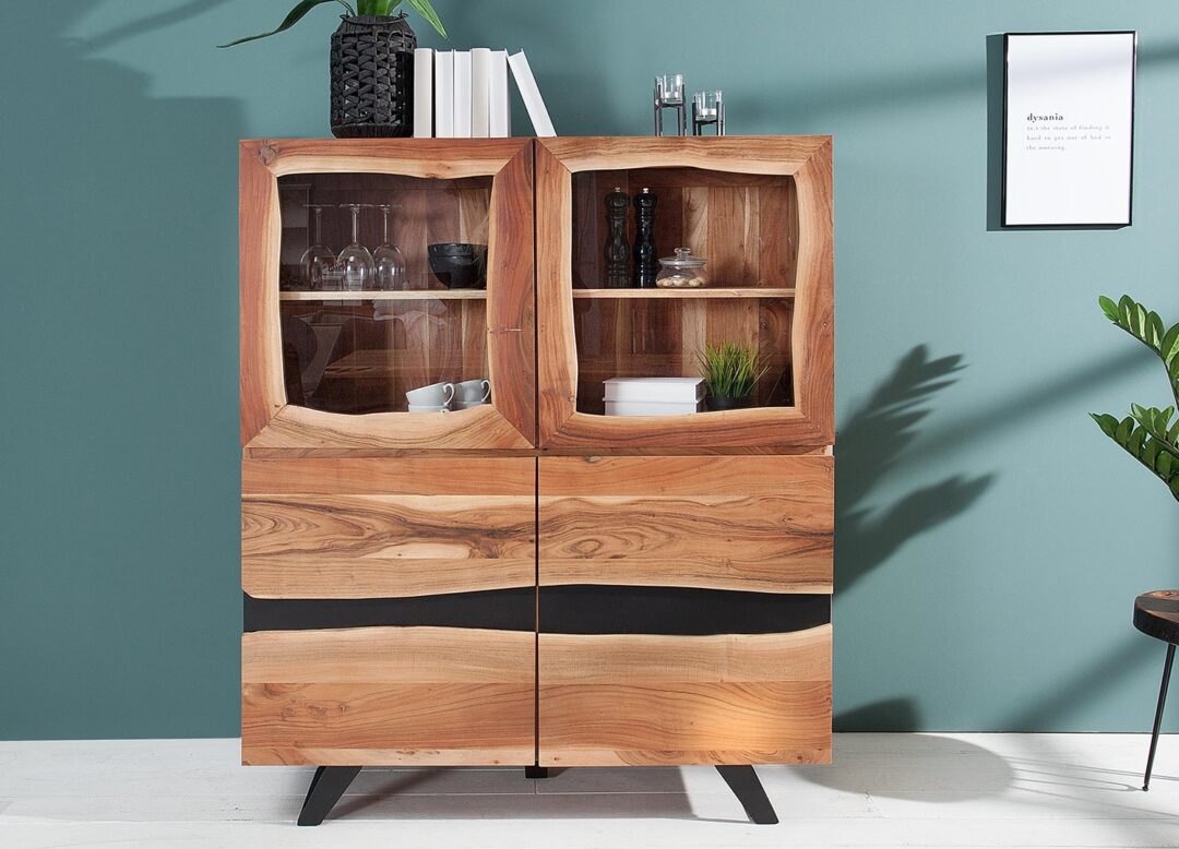 Meuble buffet vitré haut en bois d'acacia massif