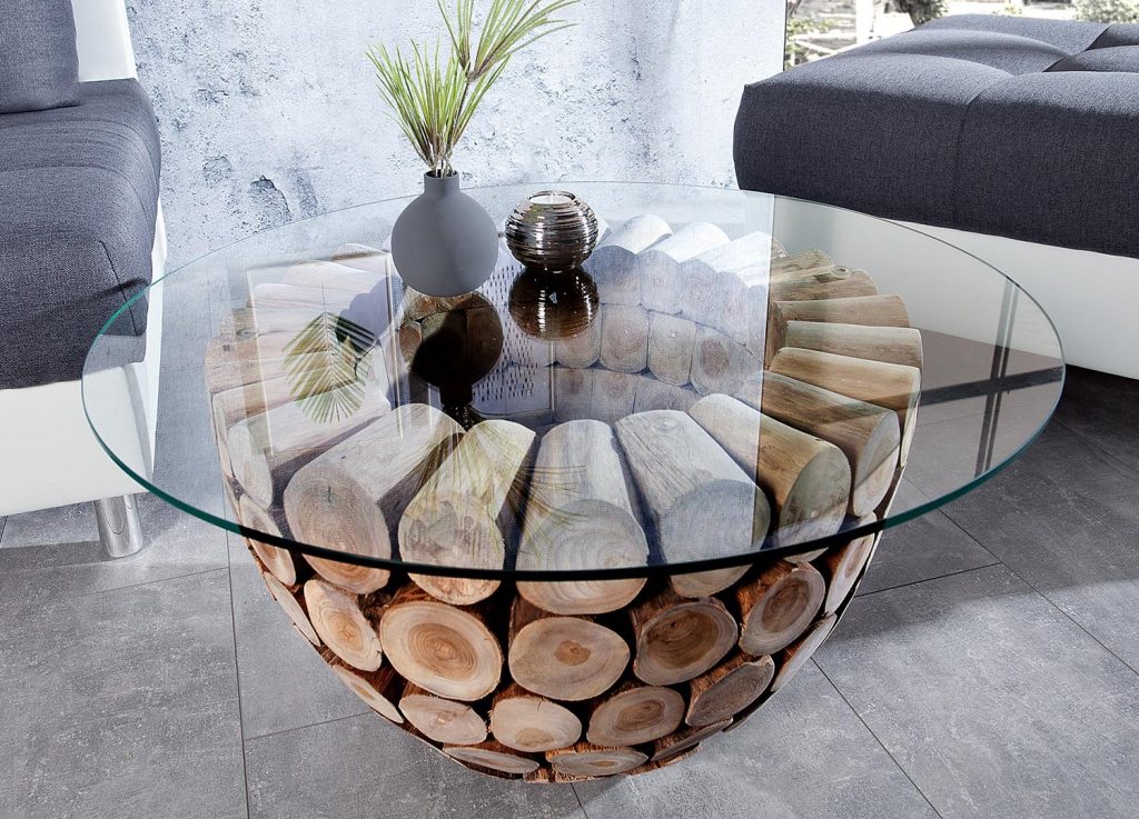 Table basse ronde bois et verre