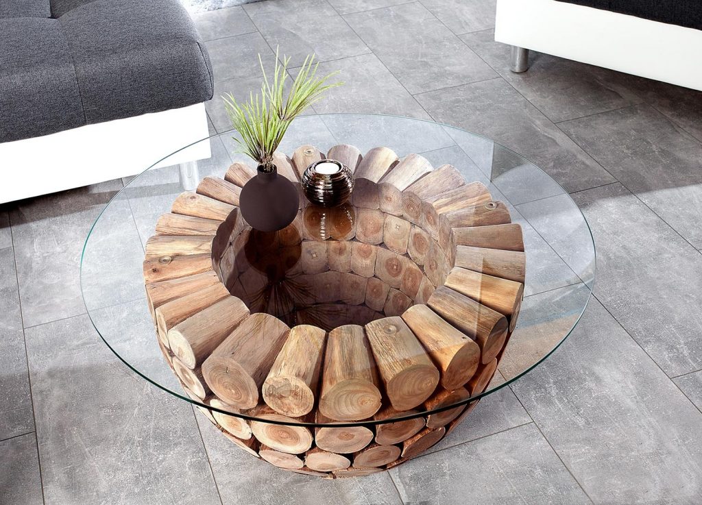 Table basse ronde bois et verre