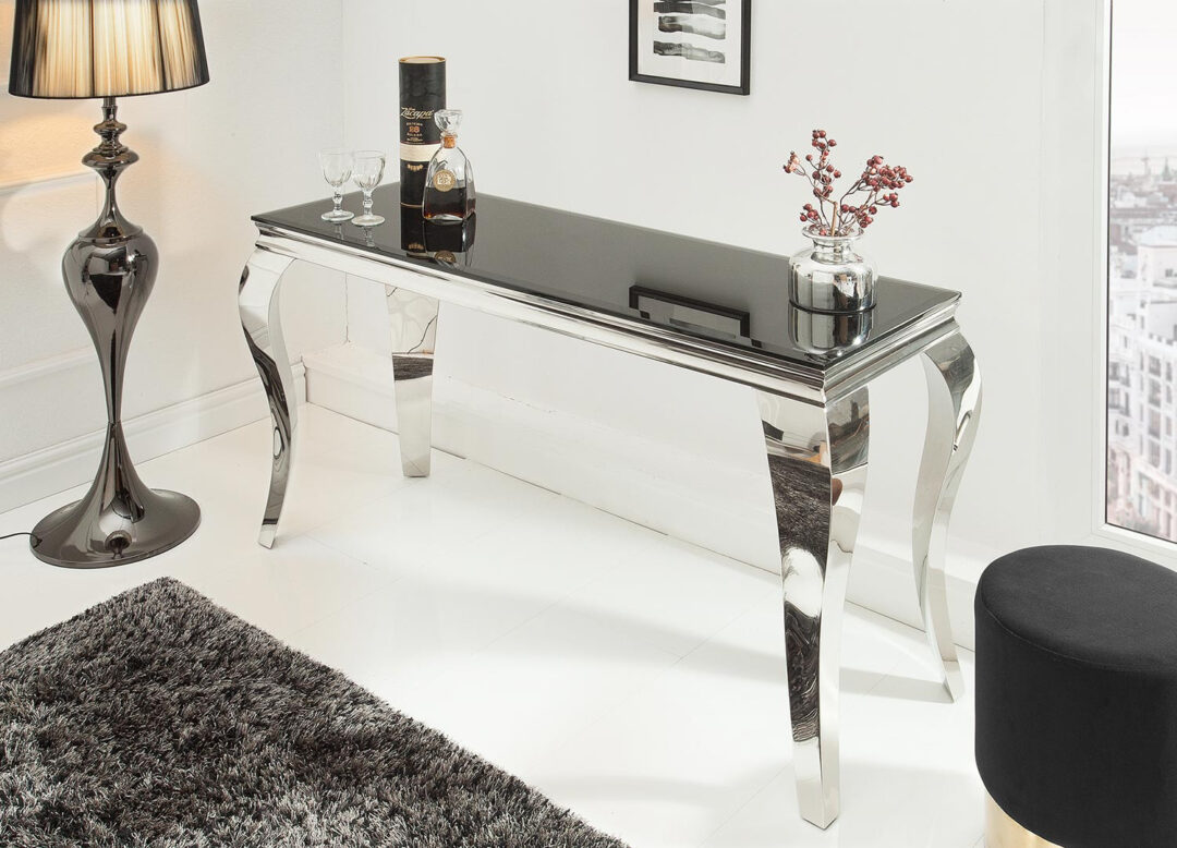 Console verre noir et pied en acier poli