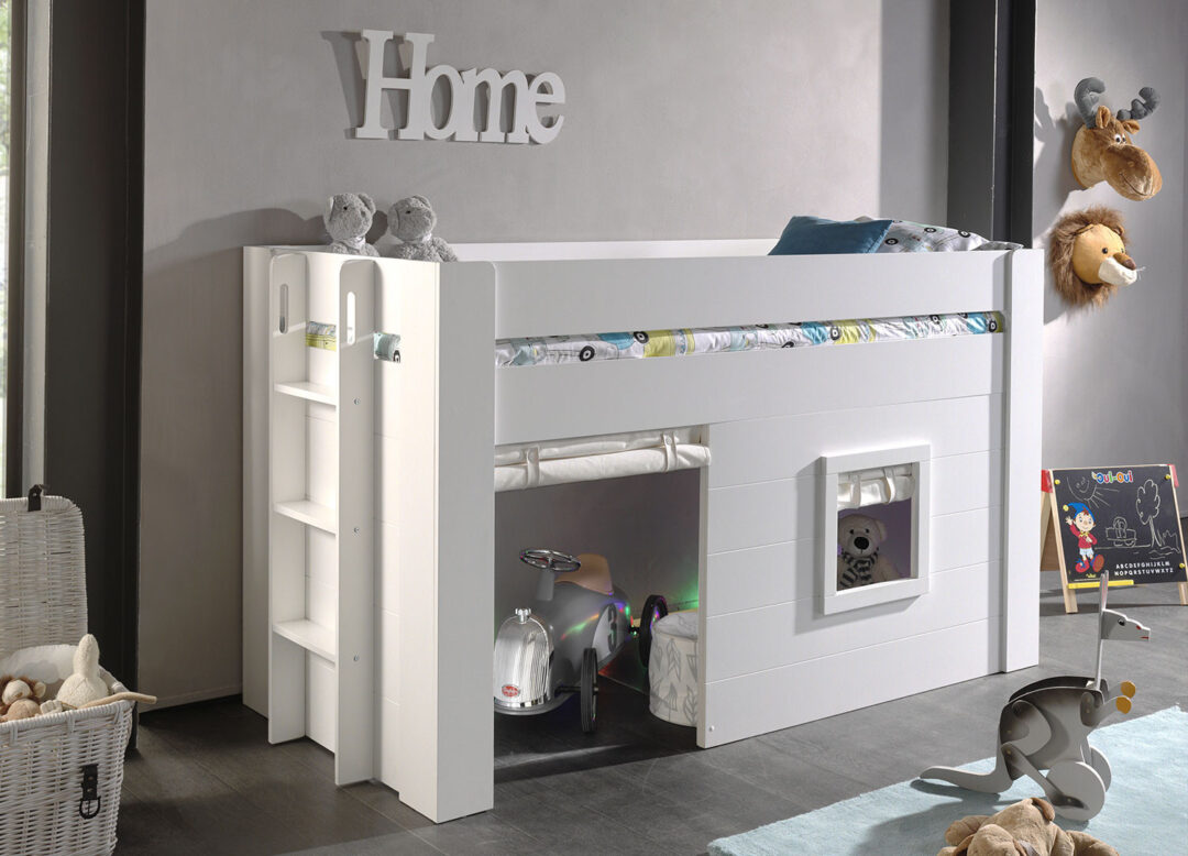 Lit enfant mezzanine blanc laqué / Avec cabane