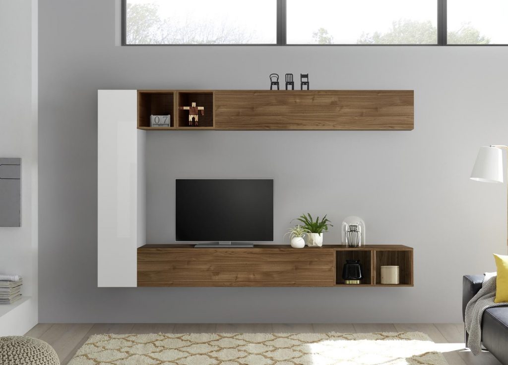 Meuble télé mural blanc brillant et bois