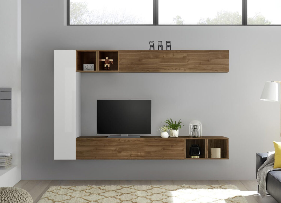Ensemble tv blanc brillant et noyer