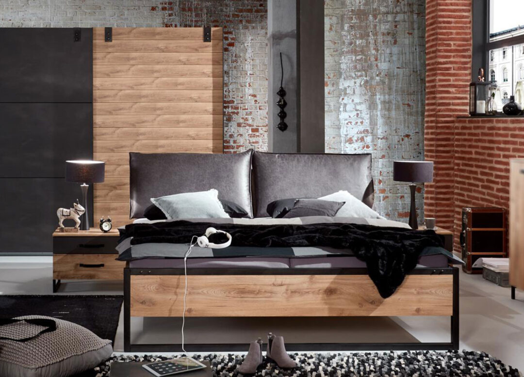 Lit double adulte en bois et métal avec tête de lit rembourrée