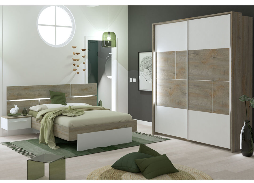 chambre adulte complète moderne blanche et bois avec éclairage