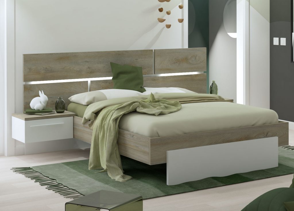 Lit avec chevets suspendus en bois