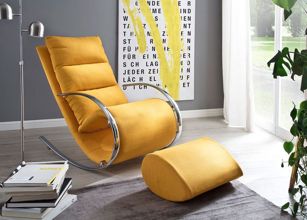 Fauteuil relax / Tissu jaune pieds chromés