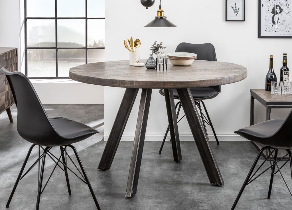 Table à manger ronde bois massif grisé / Pieds métal