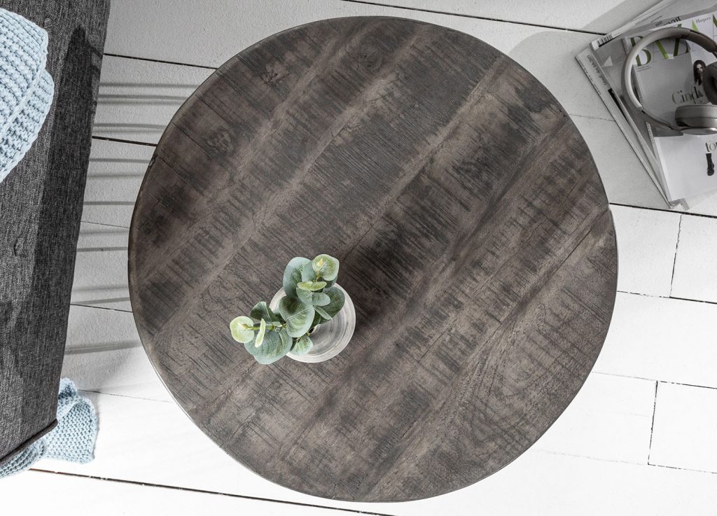 Table de salon ronde bois grisé et métal
