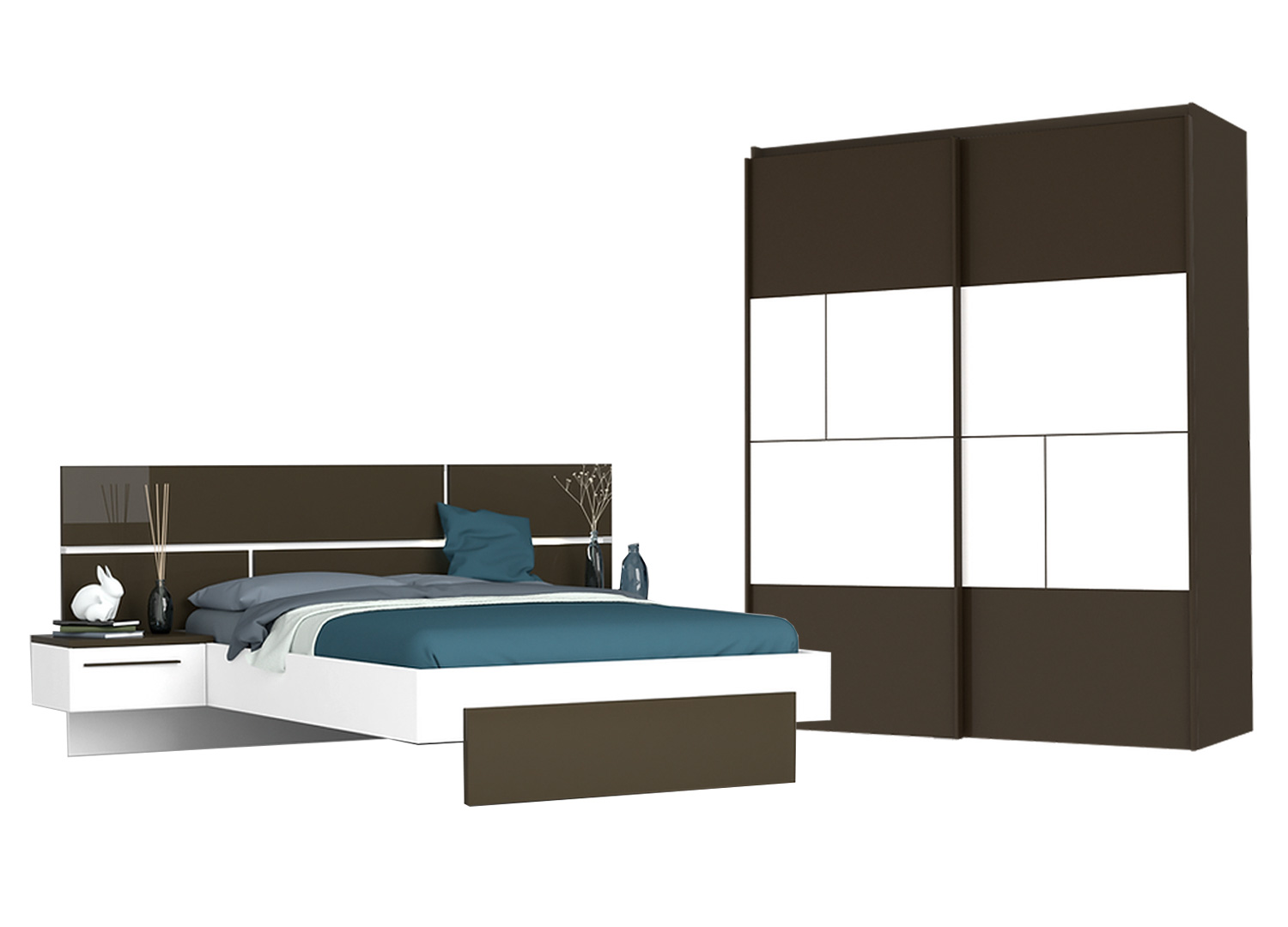 ALYSSA - Chambre Complète 160x200cm Blanche Et Noire + Sommier AltoZone 4 Pieds Gris Matelas Tahiti