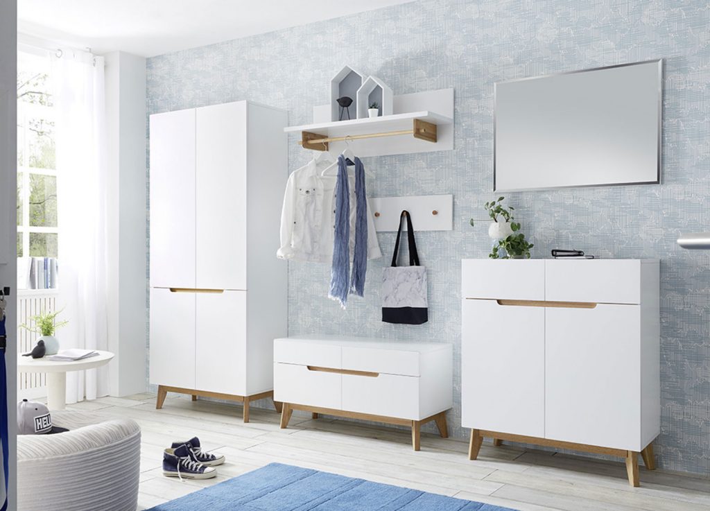 Meuble vestiaire d'entrée blanc et chêne avec miroir