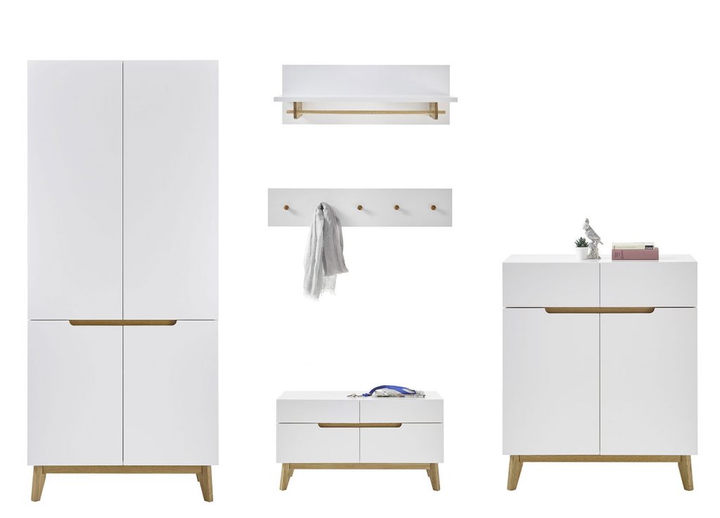 Meuble vestiaire d'entrée blanc et chêne avec miroir