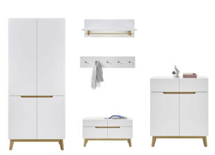 Meuble vestiaire d'entrée blanc et chêne avec miroir