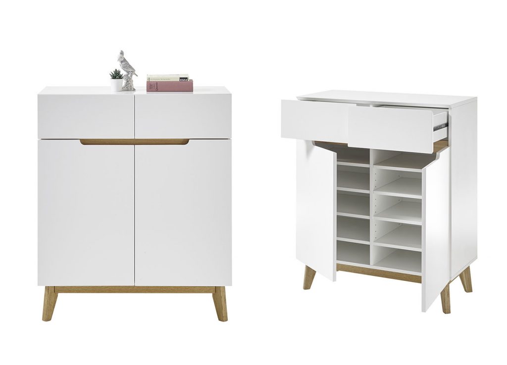 Meuble vestiaire d'entrée blanc et chêne avec miroir