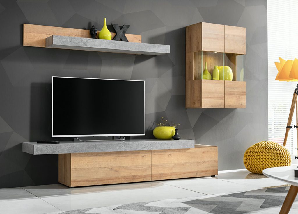 Meuble télé mural avec vitrine et étagère murale