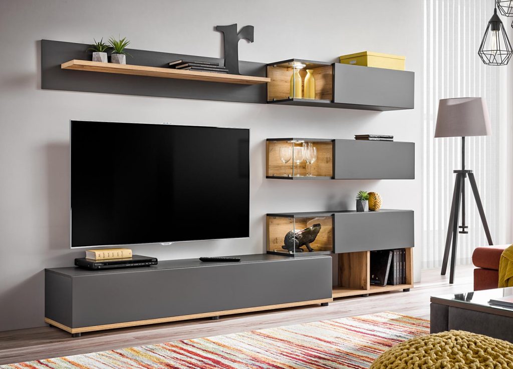 Meuble télé bas avec étagère design gris laqué