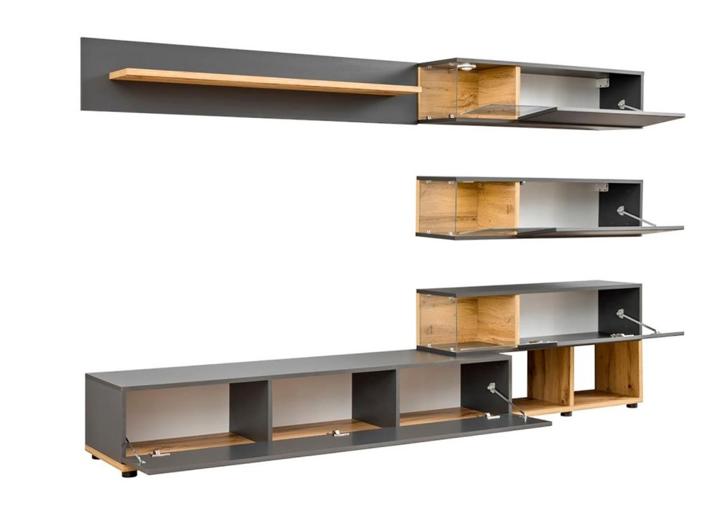 Meuble télé bas avec étagère design gris laqué