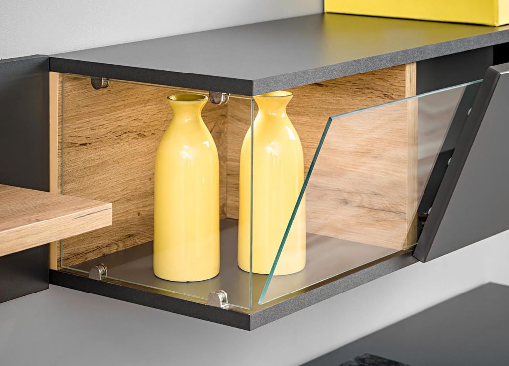 Meuble télé bas avec étagère design gris laqué