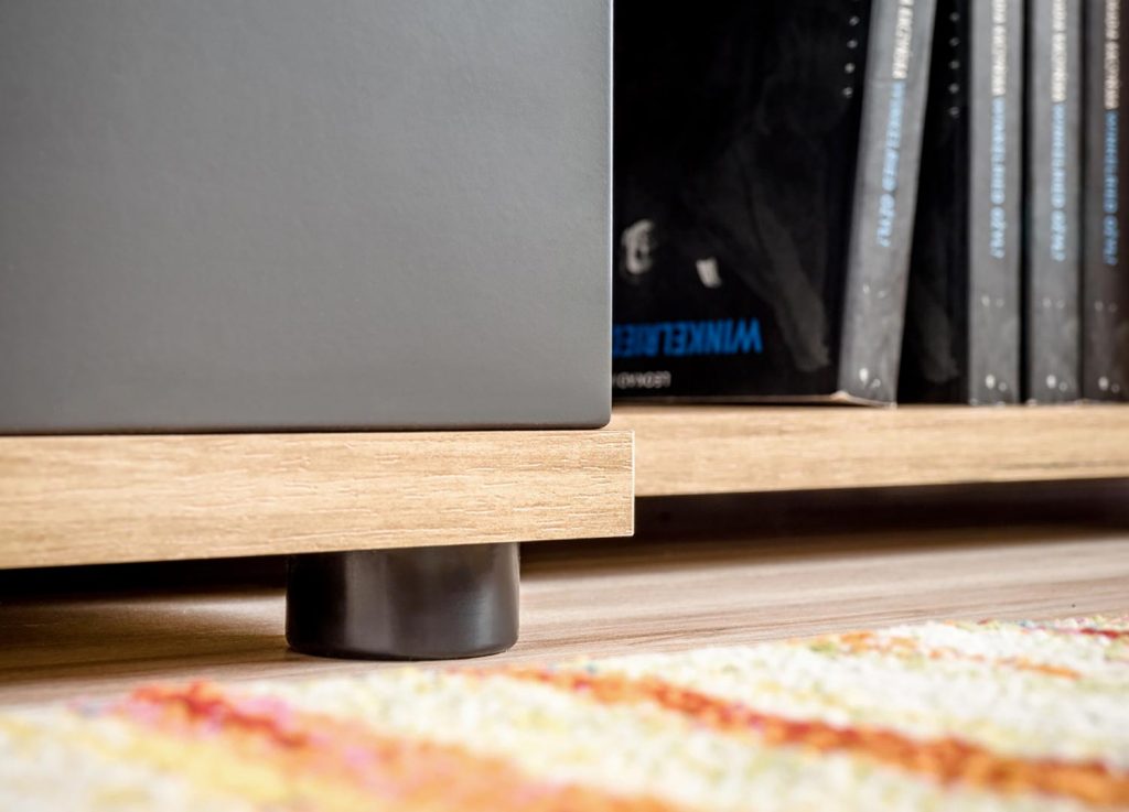 Meuble télé bas avec étagère design gris laqué