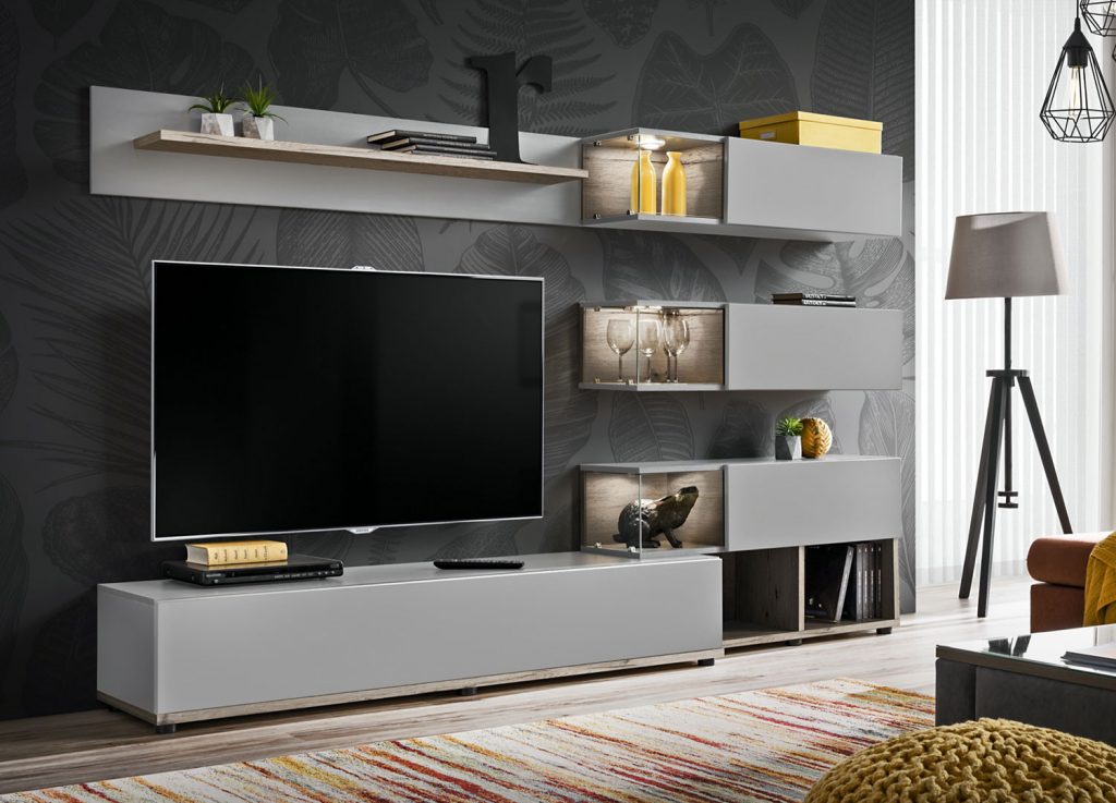 Meuble télé mural avec étagère design gris clair
