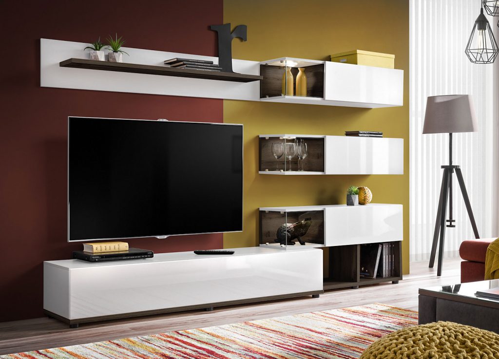 Ensemble meuble tv blanc laqué et noyer foncé