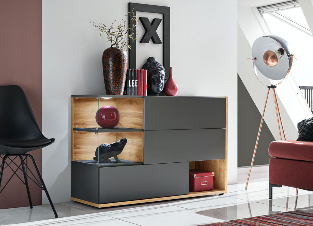 Meuble buffet design gris et bois wotan à led