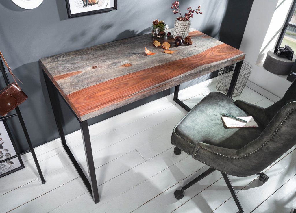 Console bureau bois massif et métal noir