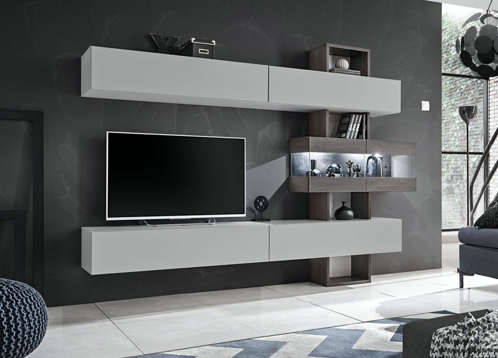 Ensemble meuble TV gris perle et chêne graphite