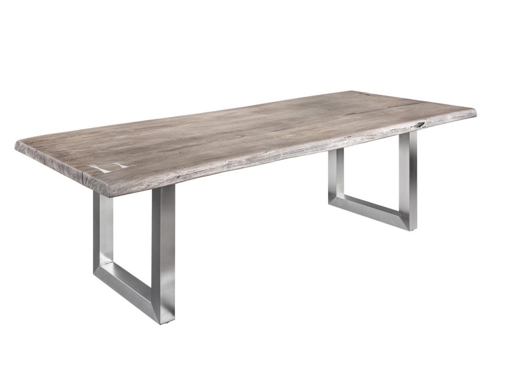 Table repas bois massif grisé / Acier brossé