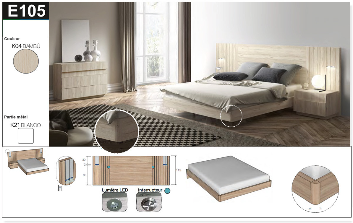 Lit palette adulte avec tête de lit et matelas - Aro