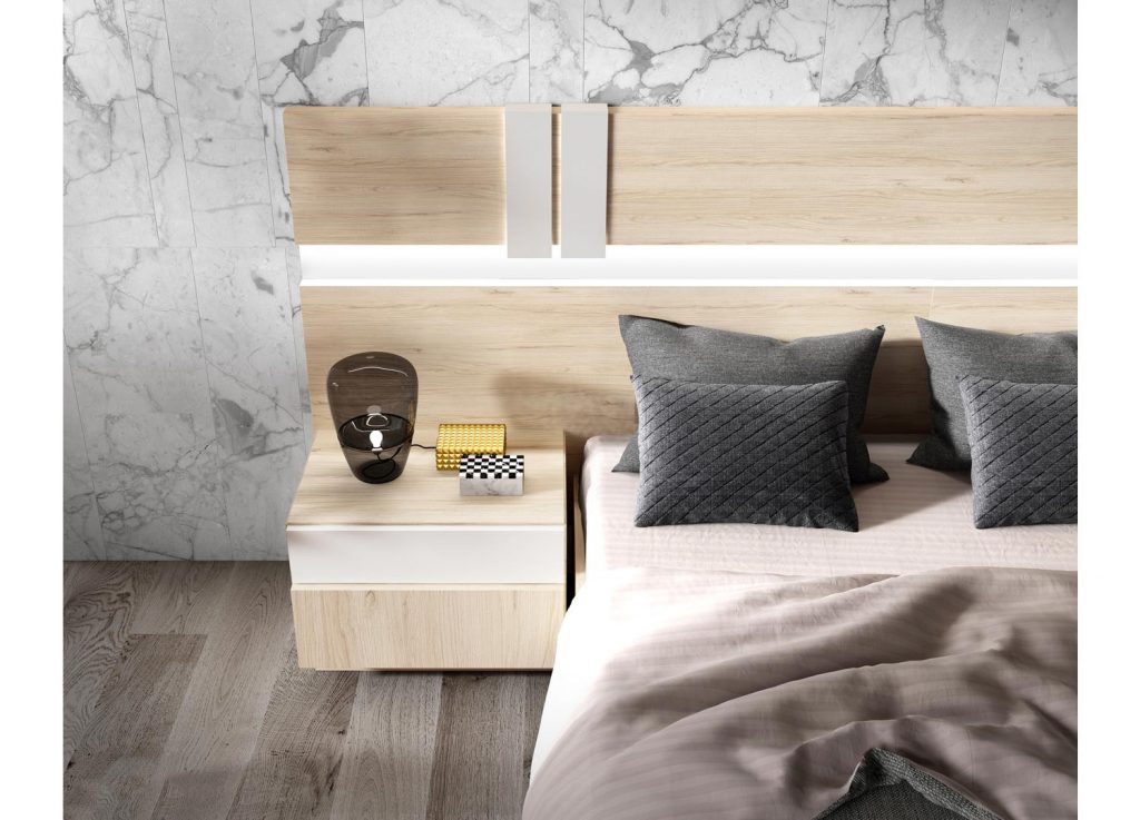 Lit chambre adulte avec chevets et LED