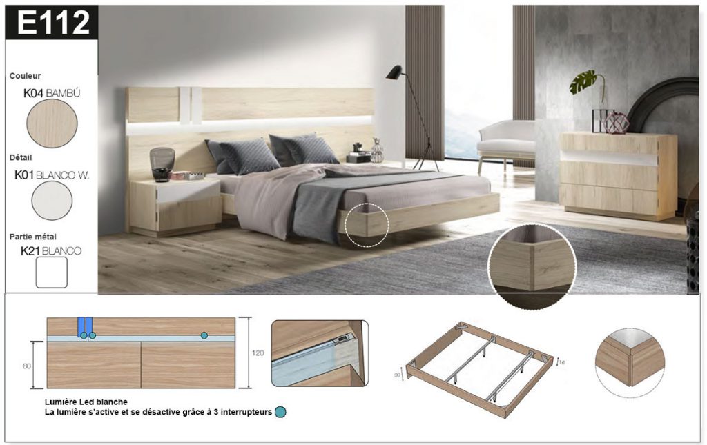 Lit chambre adulte avec chevets et LED