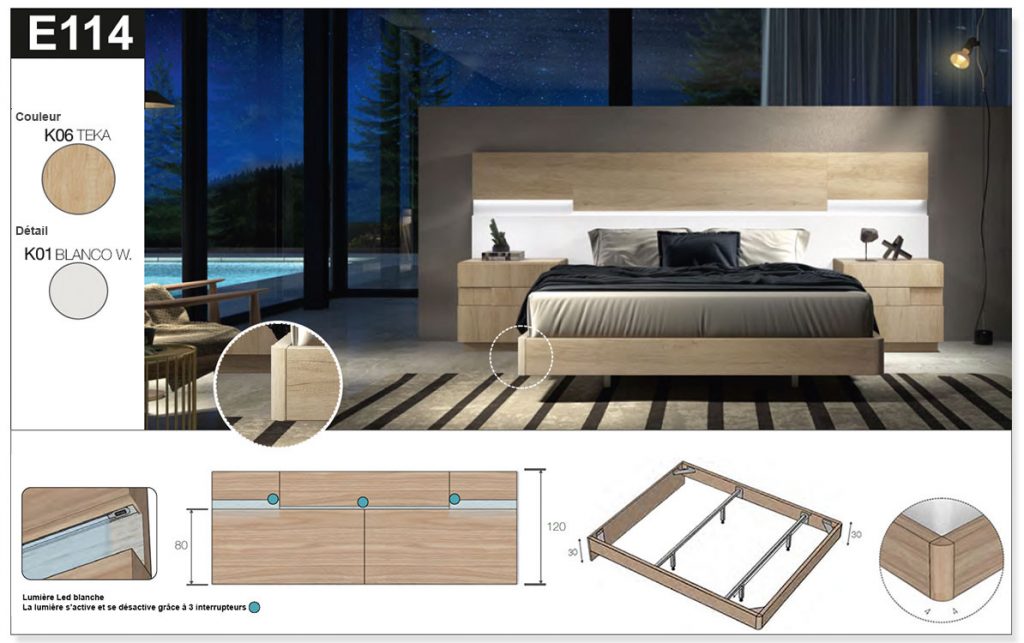 Lit design contemporain avec chevets et LED