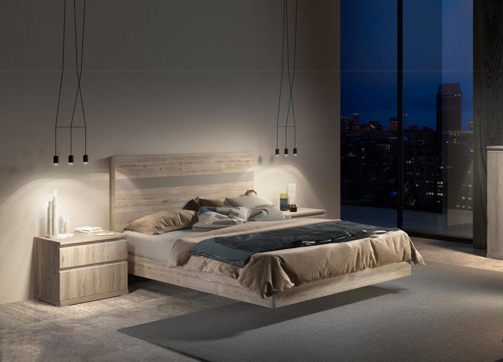 Lit chambre adulte bois et blanc avec chevets