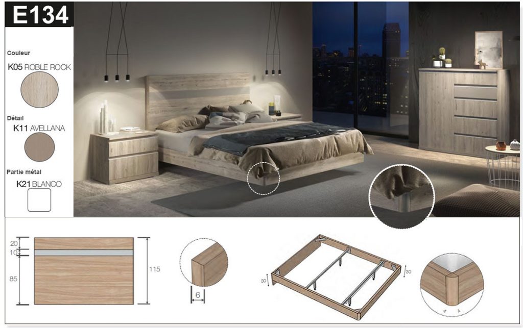 Lit chambre adulte bois et blanc avec chevets