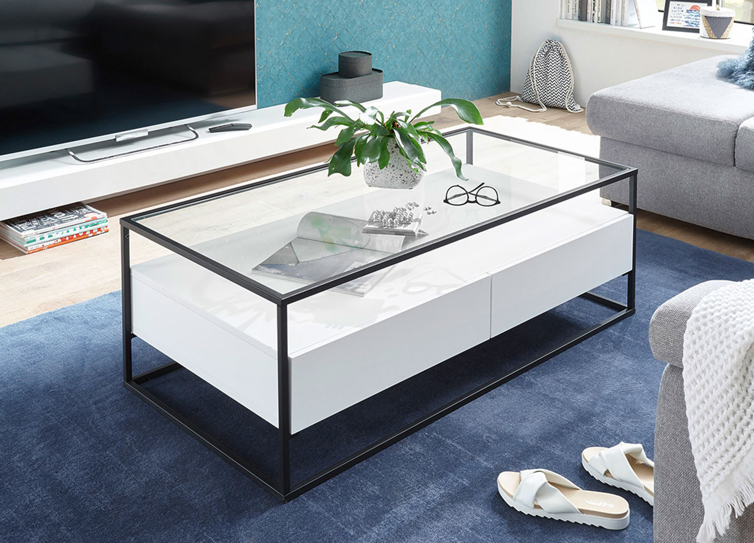 Table de salon verre et blanc mat design